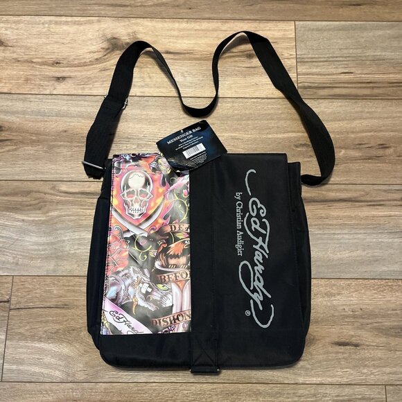Ed Hardy Canvas Crossbody Messenger Bag Skeleton Eagle Panther Black NWT - Picture 1 of 10